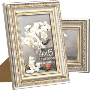 upsimples 4x6 Picture Frame with Real Glass, Ornate Vintage 4 x 6 Photo Frames for Wall Decor or Tabletop Display, White and Gold, 2 Pack