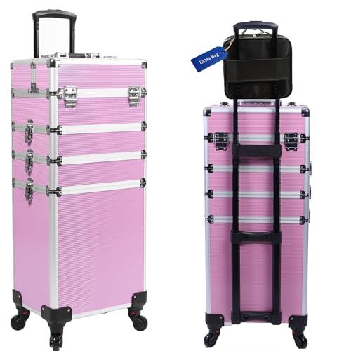 5 in 1 Professional Makeup Train Case Aluminum Cosmetic Case Rolling Makeup Case ExtraLarge Storage Organizer with Key Swivel Wheels Salon Barber Case for Make Up Nail Hairstylists, Pink