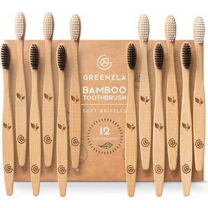 Greenzla Bamboo Toothbrushes for Adults  12 Pack Wooden Toothbrush Set with Charcoal-Infused Soft Bristles, Natural Oral Care for Daily Use