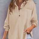 DERAX Women's Oversized Waffle Knit Tops Henley Shirts Long Sleeve V Neck Loose Fit 2026 Spring Tunic Blouse Apricot XL (Beige, XL)