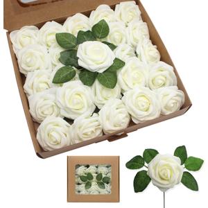 Artificial Roses Flowers 50pcs Real Looking Foam Fake Roses with Stems for DIY Wedding Bouquets Bridal Shower Centerpieces Party Decorations (50, Milk White)