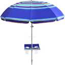 7ft Beach Umbrella featuring a built-in table with Sand Anchor & Tilt, UPF 50+ Protection Beach Umbrellas for Sand, Umbrellas for Heavy Duty Wind Portable with Carry Bag, Dark Blue StripesRandom pattern