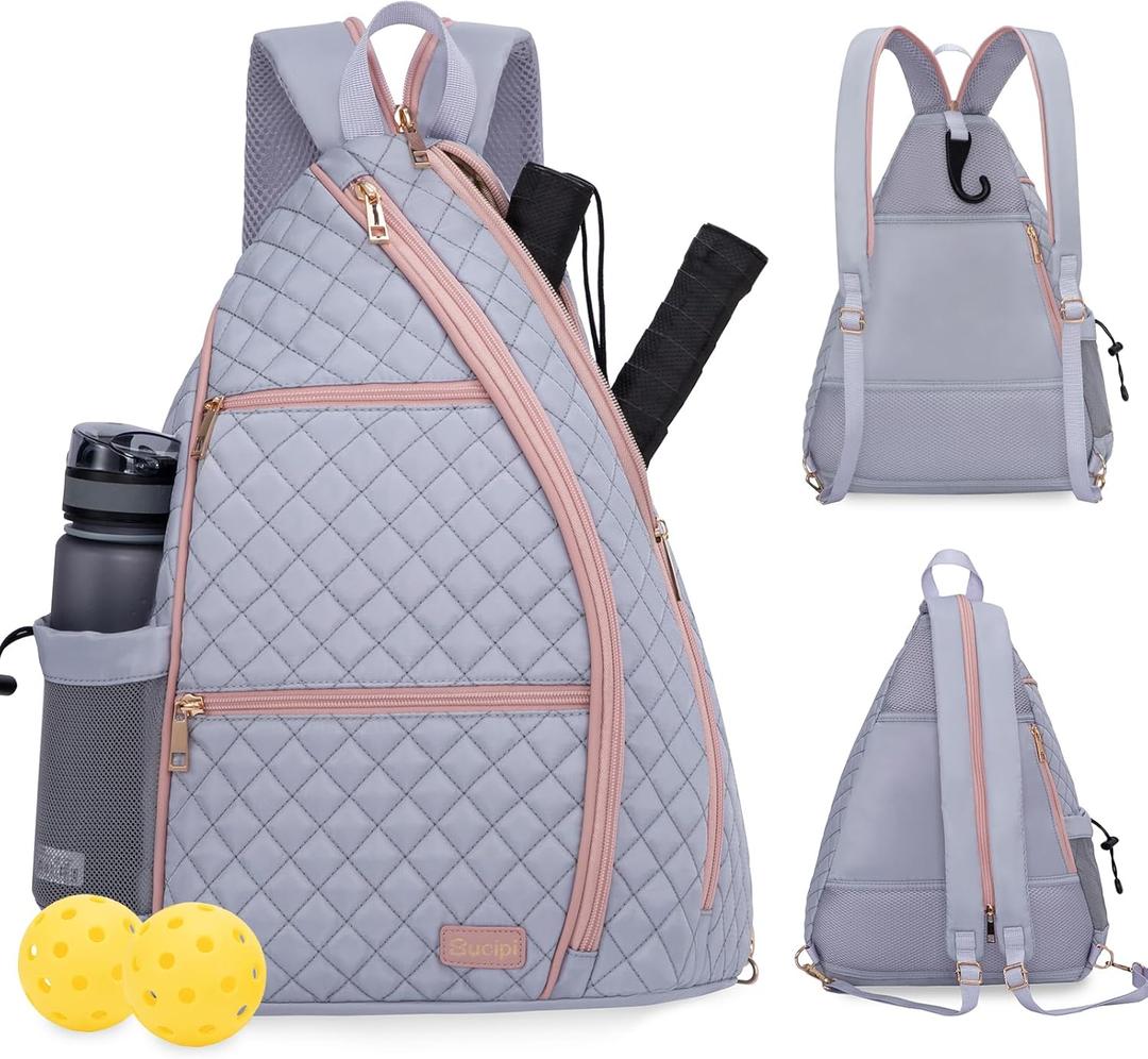 Sucipi Women's Pickleball Backpack - Quilted Crossbody Sling Bag for Tennis & Pickleball Paddle (Medium, Purple & Pink)