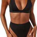 Forjunlyup Womens High Waisted Thong Bikini Sets Sexy Brazilian Triangle Top Deep V Neck Tie Back Two Piece Swimsuit Bathing Suits(Black, XL)
