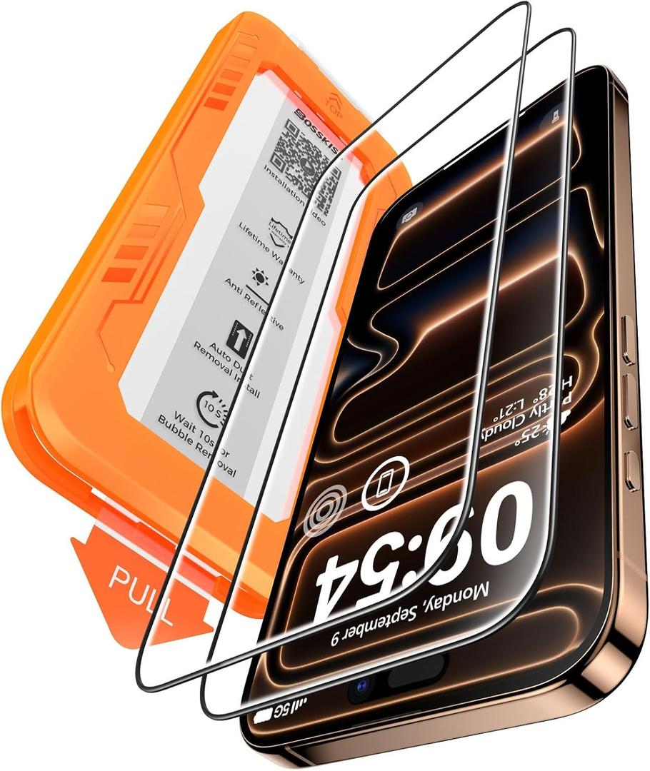 BossKiss for iPhone 17 Pro Max Screen Protector 6.9 inch, [TOP 9H+ Hardness] [Military Grade Shatter Protection] [Sensitive Touch] [HD Clear Tempered Glass] Full Coverage Easy Installation 2 Pack
