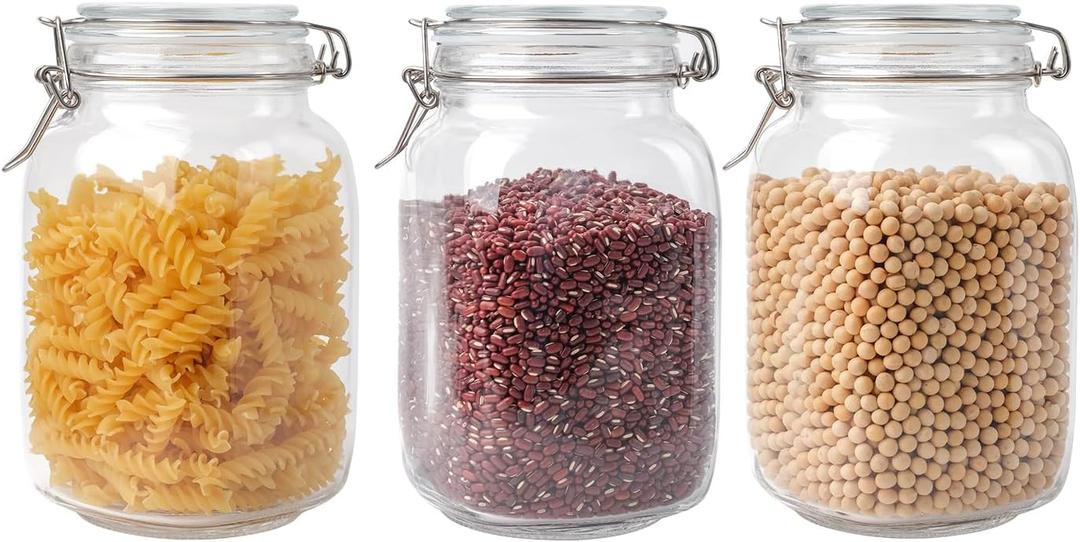 Glass Jars with Airtight Lid, Large Glass Food Storage Jars, 3 Pack Wide Mouth Airtight Glass Jars ffor Flour, Cereal, Coffee, Pasta and Canning(50 OZ)
