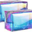 Boao 2 Pcs Clear Iridescent Holographic Makeup Bag Glitter Travel Cosmetic Pouches Toiletry Bag with Zipper Toiletry Organizer Case for Purse Diaper Beach Office Gift(Plain)