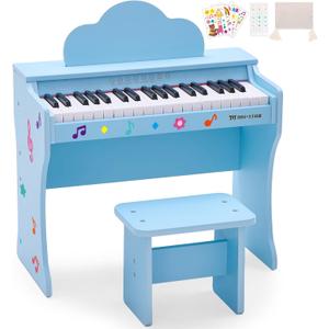 37 Keys Kids Keyboard Piano, Kids Piano Wood Toy with Stool, DIY Stickers, Song Book, Cover, Education Musical Instruments for Girls and Boys Ages 3+ (Blue)