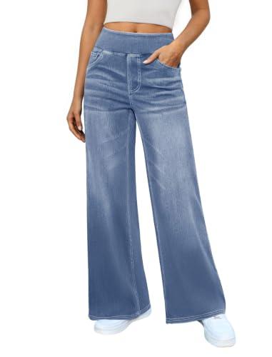 DLOODA Women's Wide Leg Jeans High Waisted Stretchy Denim Pants Elastic Waist Pull On Sweatpant Jeans Trendy Baggy Loose Sky Blue, XXL