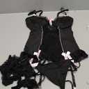 Lilosy Sexy Stocking Garter Belt Bows Floral Lace Babydoll Corset Push Up Teddy Lingerie Set with Panty (Small, Black #2)