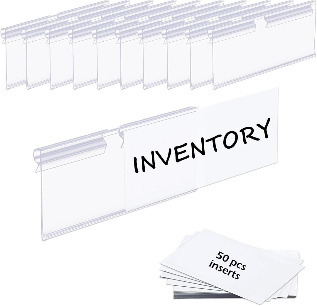 Pack of 50 Basket Bin Labels Clip On, Clear Plastic Wire Shelf Price Tags,Labels for Storage Bins,Merchandise Sign Display Holder,50PCS Paper Inserts Included(Size:3.15x1.57inch/8x4.2cm)