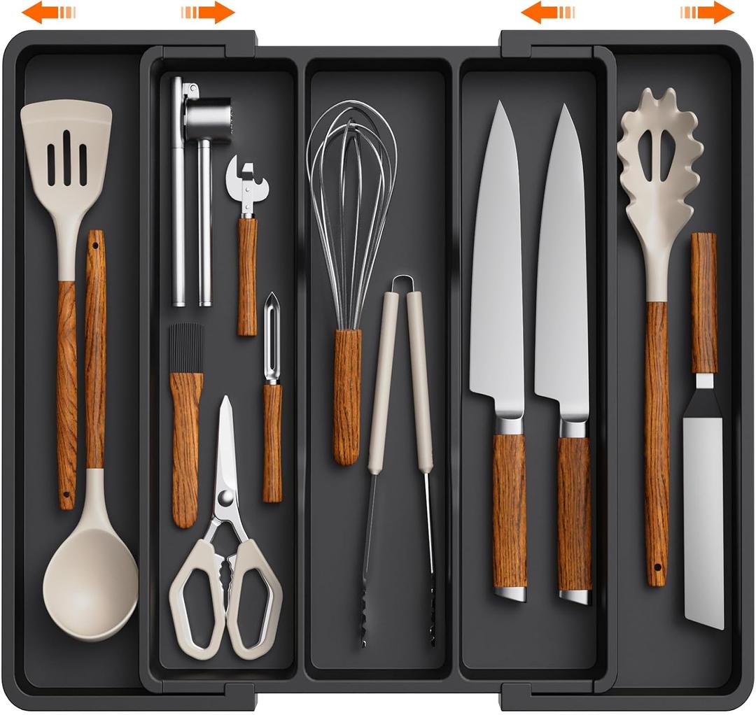 Lifewit Utensil Organizer for Kitchen Drawers, Expandable Cooking Utensil Tray, Adjustable Cutlery Silverware Flatware Holder, Plastic Kitchen Spatula Tools and Gadgets Storage Divider, Large, White