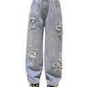 SANGTREE Womens Wide Leg Jeans Elastic Waist Denim Pants Baggy Jeans for Womens Star Patch LightBlue XL (Blue, XL)