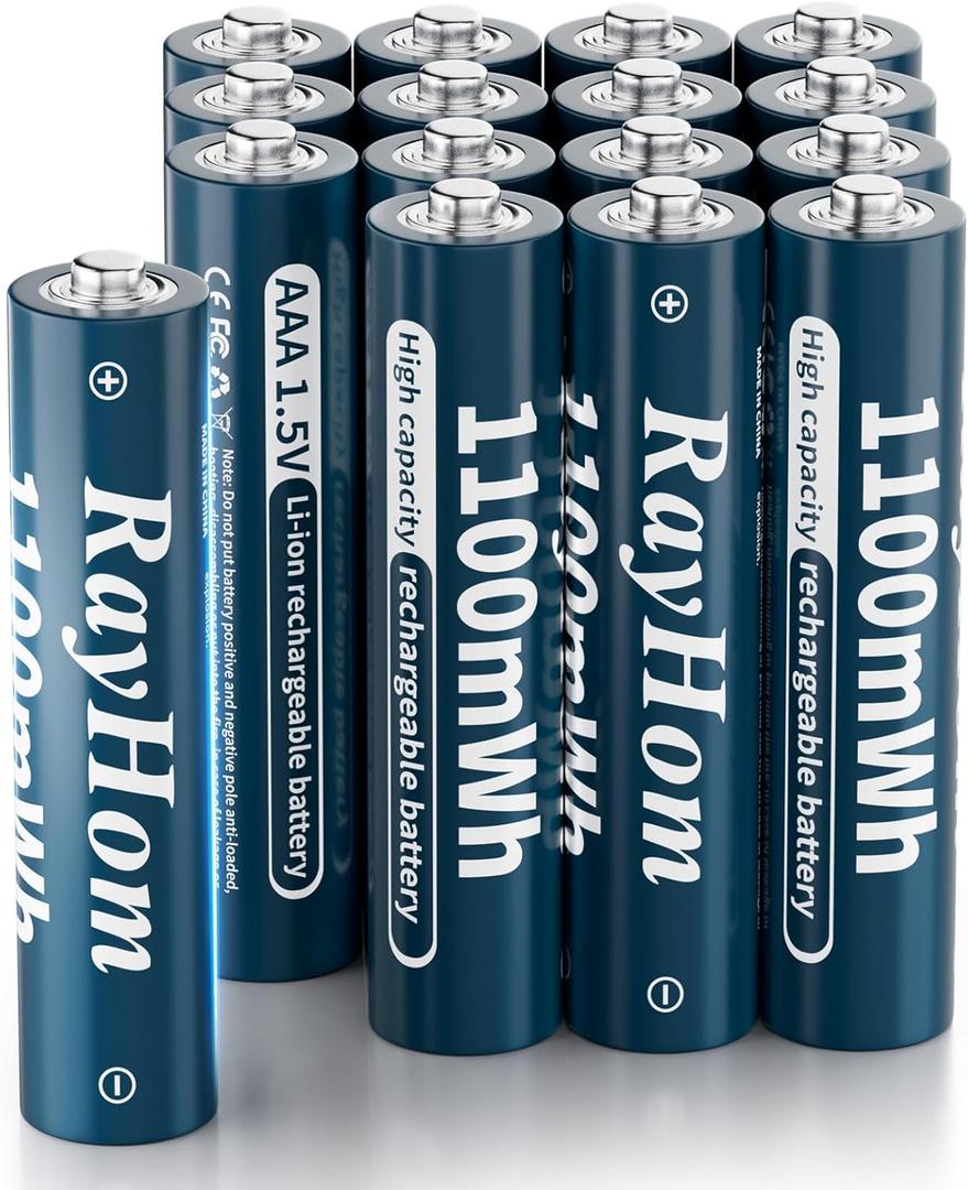 16 Pack AAA Lithium Rechargeable Batteries, 1100mWh High Capacity, 1.5V Constant Output, 1600+ Cycles