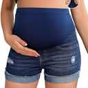 BEAUDRM Women's Maternity Adjustable High Waist Ripped Roll Up Hem Denim Mini Shorts with Pocket Size XL