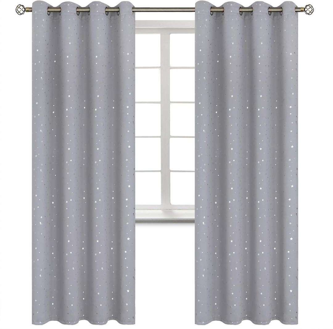 BGment Light Grey Star Blackout Curtains for Kid's Bedroom - Grommet Thermal Insulated Room Darkening Printed Curtains for Living Room, Set of 2 Panels (52 x 84 Inch, Light Grey)