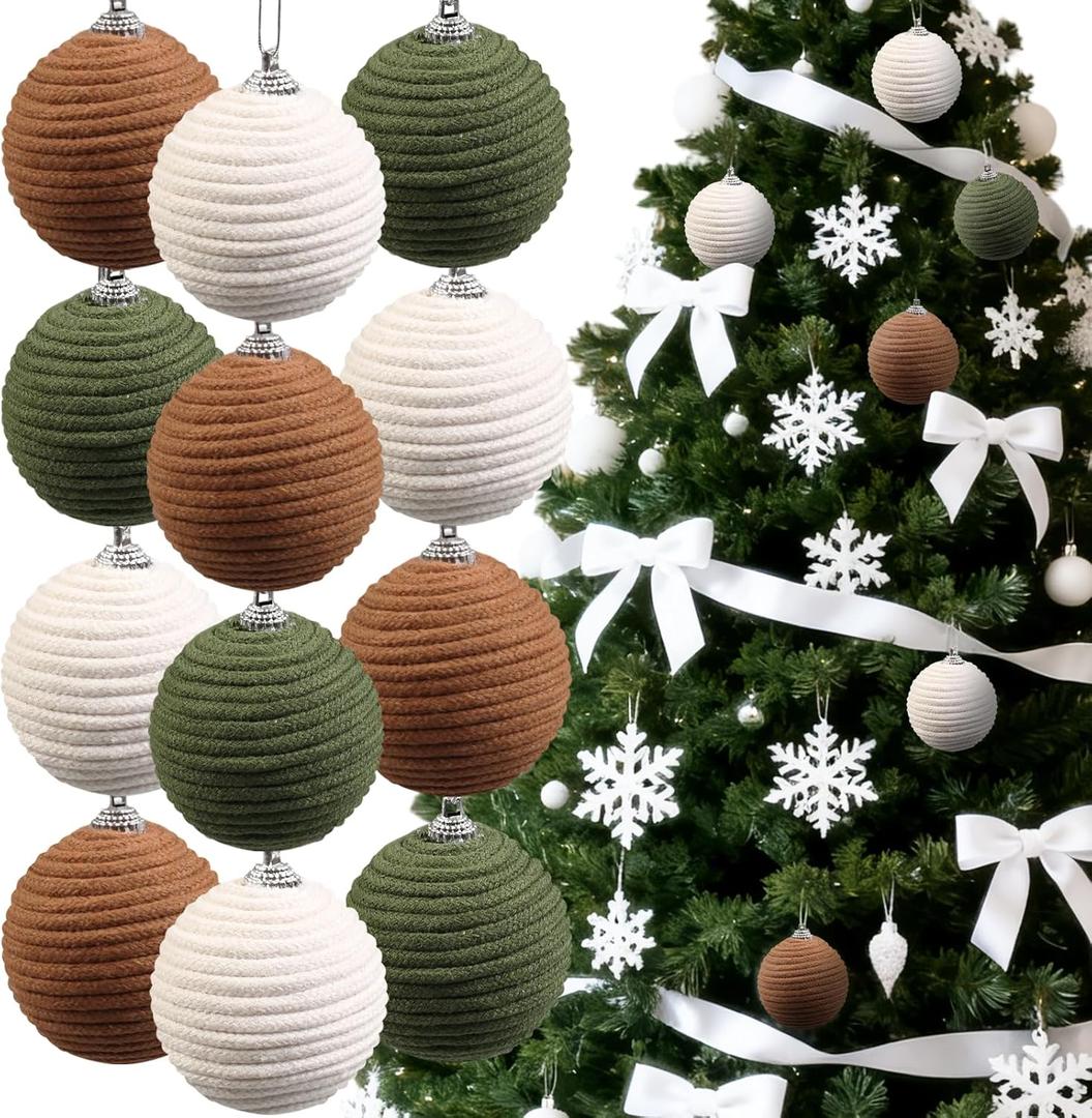 12 Pcs Boho Ball Ornaments,2.36 Inch Farmhouse Jute Rope Decor,Neutral Hanging Balls, Burlap Neutral Fabric Decor,Ornaments forValentines Day, Wedding,Home,Wreath,Wedding,Garland (Green,beige, Light Brown)