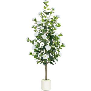 BLOSMON Artificial Trees for Home Decor: Indoor 4.9ft Tall Fake Plants Outdoor Camellia Flowers Tree for Front Porch - Faux White Rose Plant with Pot for Living Room Door Patio Deck Yard