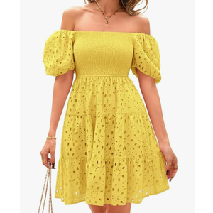 chouyatou Women's 2025 Eyelet Lace Embroidery Smocked Dress Square Neck Puff Sleeve Off Shoulder Tiered Mini Dress Size S