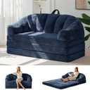 MAXYOYO Folding Sofa Bed, 2 in 1 Convertible Sofa to Lounger | Comfy Loveseat Bean Bag Chair for Adults, Floor Couch with Handle, Faux Fur Couch Bed for Living Room Bedroom, Navy