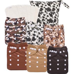 babygoal Reusable Cloth Diapers 6 Pack with 6pcs Rayon from Bamboo Inserts and Wet Bag, Baby Washable Pocket Nappy,6FN56-MB-B (Medium, Neutral Color 56)