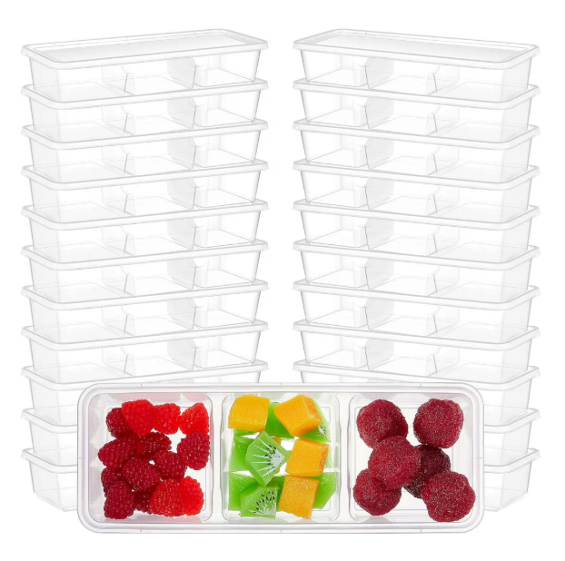 Small Meal Prep Containers with 3 Compartments Snack Containers with Lid Disposable Plastic Bento Box Travel Lunch Food Boxes Stackable for Office Picnic
