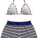 WDIRARA Women's Boho 2 Piece Outfits Hollow Out Micro Crop Halter Tops Striped Shorts Knit Set (Purple, M)