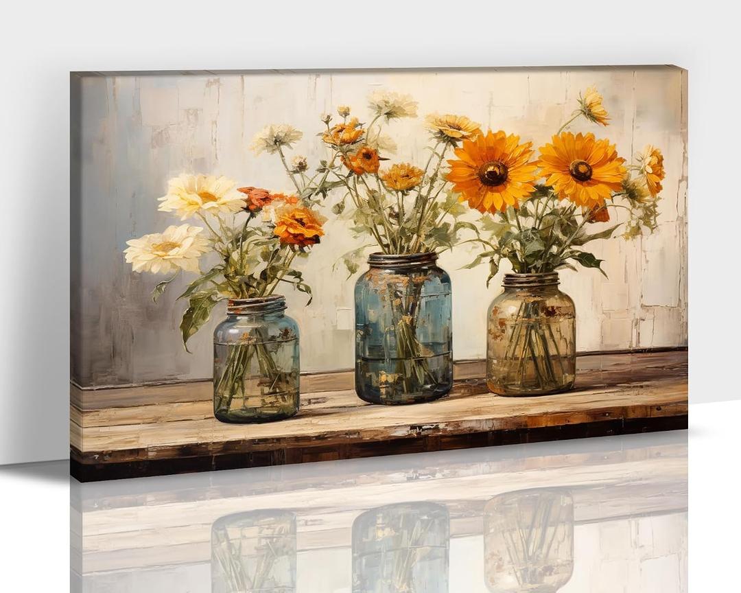 Hzddty Farmhouse Bathroom Wall Decor - Rustic Floral Wall Art, Flower Painting Picture Artwork for Walls, Country Canvas Print for Bedroom Living Room Office Wall Decor 18x24 Inches
