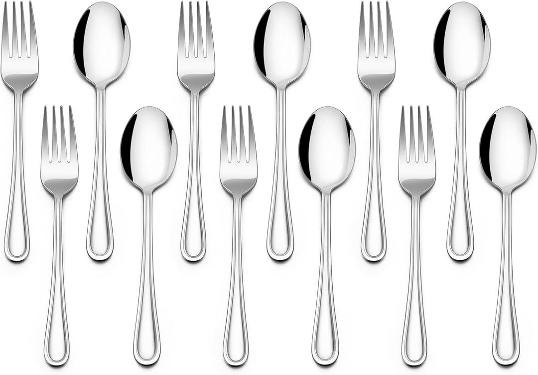 E-far 12-Piece Toddler Silverware, Stainless Steel Kids Utensils Forks and Spoons, Children Safe Metal Cutlery Set for Self Feeding, Mirror Polished & Dishwasher Safe, 6 Forks & 6 Spoons