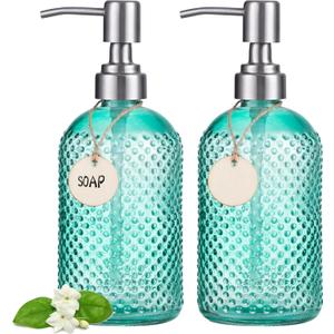 HBlife 2 Pack 16 Oz Glass Soap Dispenser with Stainless Steel Pump, Kitchen Bathroom Refillable Lotion Dispenser (Green)