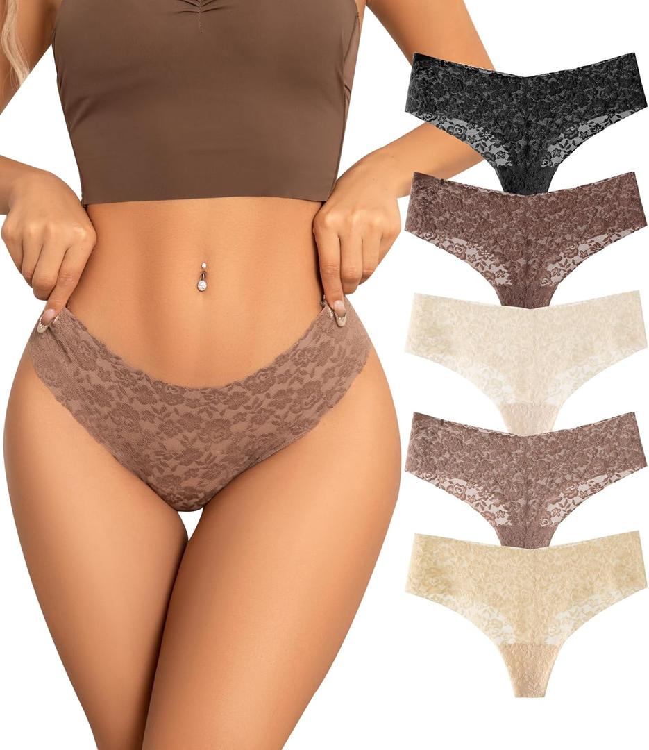 SHARICCA Women Seamless High Waist Underwear Sexy Floral Lace Thong Soft Comfortable Panties Pack (Small, 5p - Basic)