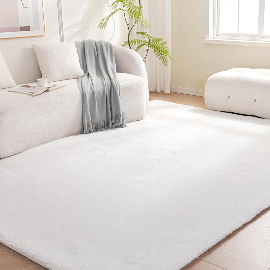 Amazon Basics Fluffy Washable Area Rug, Shaggy Carpet for Living Room, Bedroom, 6' W  9' L, Cream