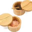 HTB Bamboo Salt Cellar Set with Spoon, Kitchen Spice Containers with Magnetic Swivel Lids, 2 Seasoning Containers Set Engraved with S and P