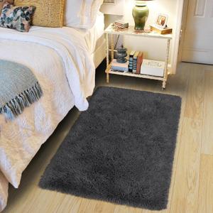 Fluffy Small Rug for Bedroom 2x3 Feet, Shag Soft Area Rug for Bedside, Modern Plush Cute Carpet for Kids Girls Boys Room Nursery Decor, Charcoal Grey
