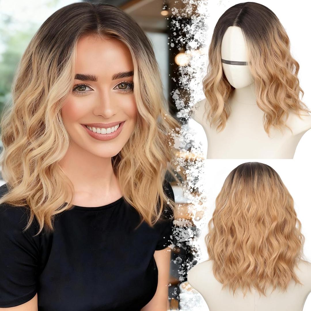 Ombre Honey Blonde with Dark Roots Short Wavy Bob Glueless Synthetic Lace Front Wig for Women Pre Cut for Beginners Natural Hairline 14 Inch