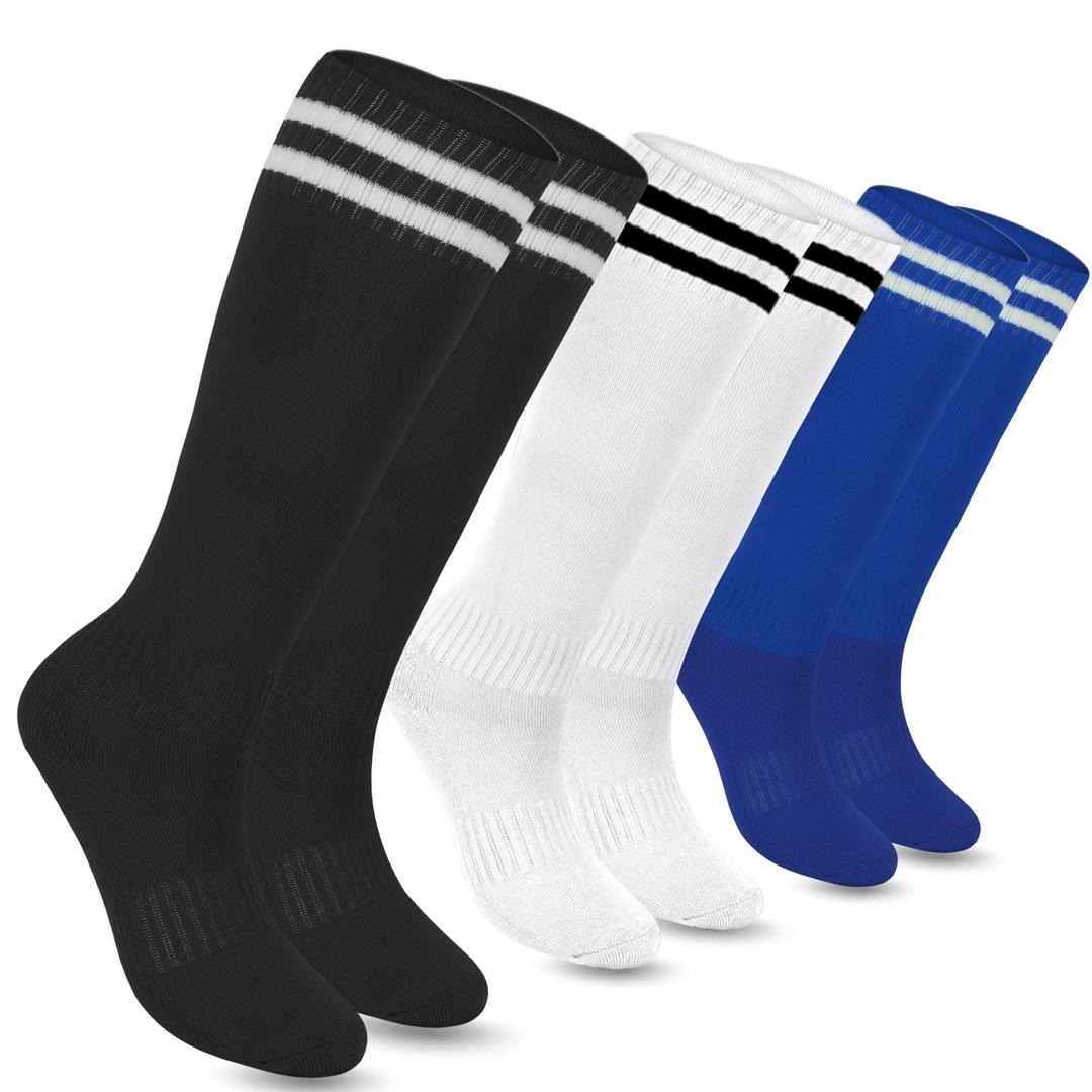 KEUKORZ 3 Pair Athletic Socks Black White Blue Youth Adult Non-Slip Classic Stripes Long Knee-High Baseball Football Sports Socks for Men and Women