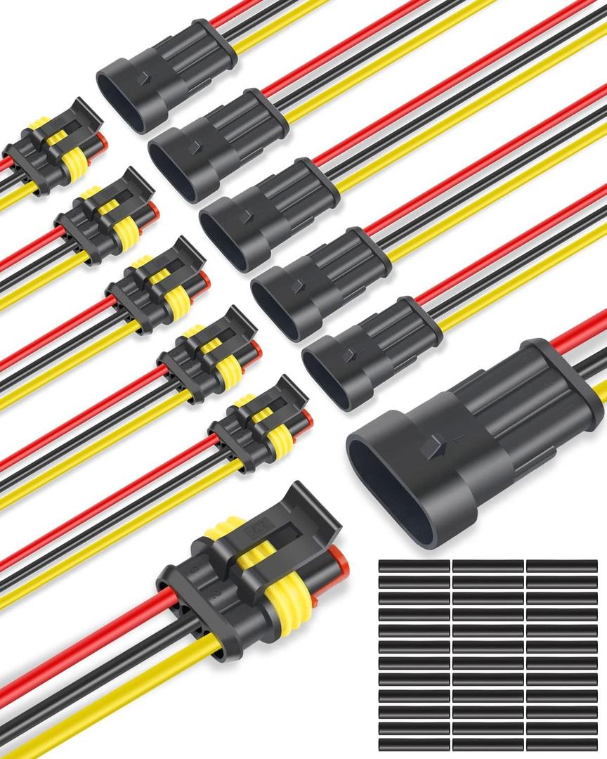 NAOEVO 3 Pin Connector Waterproof, 16 AWG 3 Wire Connectors, Automotive Electrical Male and Female Plug with Heat Shrink Tubing for Car Truck Boat Wire Connection, 6 Kits