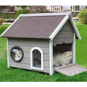 Rockever Outdoor Cat House, Waterproof Feral Cat House for Outdoor Cats with Escape Door and Clear Windows for 2 Cats (Grey)