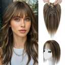 SEIKEA Hair Toppers for Women Real Human Hair, 10" Fluffy Natural Realistic 7x11CM Base Clip in Bangs with Wispy Bangs Hand-Tied Invisible Hairpieces for Thinning Hair Chocolate Brown with Blonde