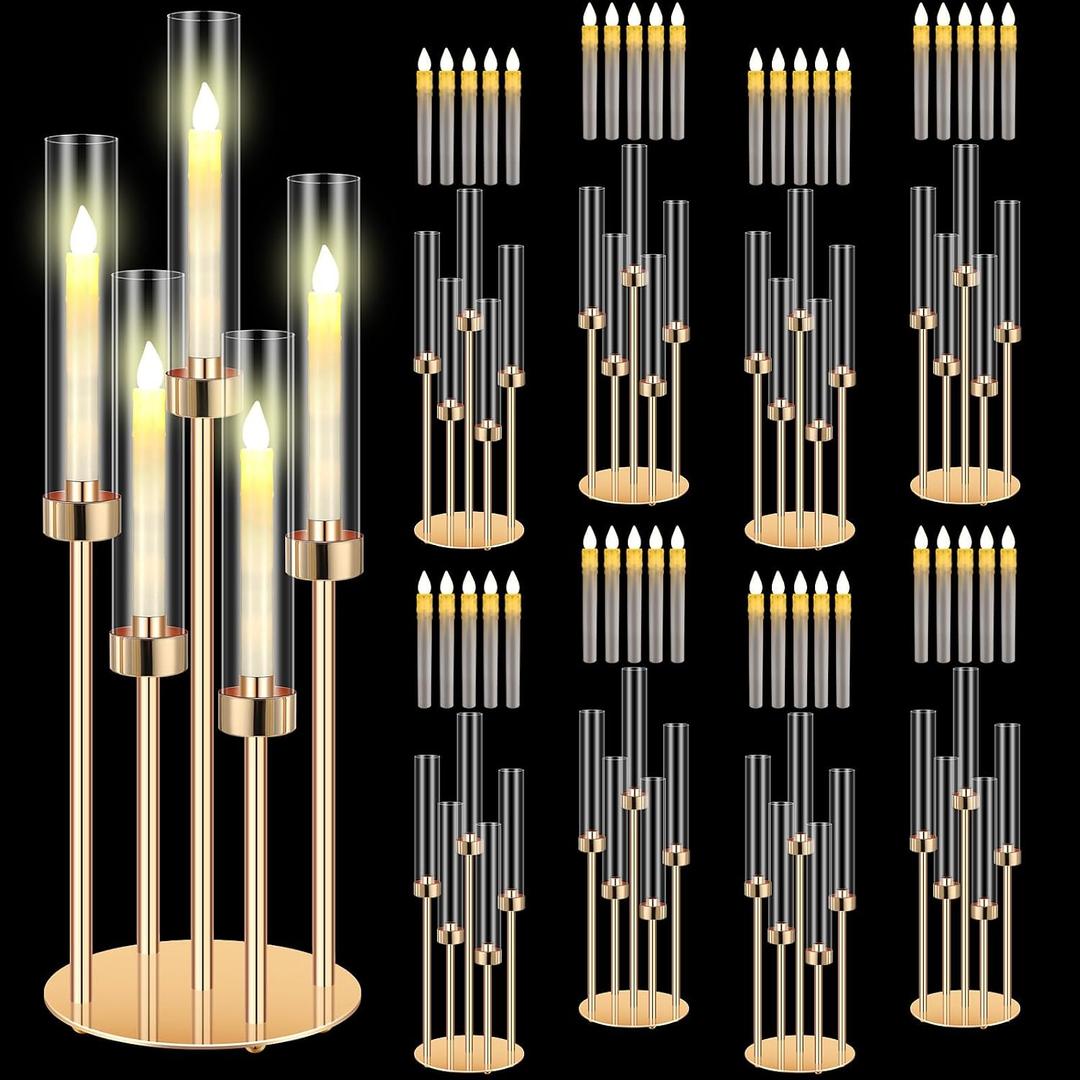 Tandefio 8 Set 5 Arm Gold Candelabra Table Centerpiece with LED Candle, 26.8" Tall Acrylic Cylinder Candle Holder with Lampshades Fit 0.8 for Wedding, Anniversaries, Dinner, Party, Easter, Home Decor