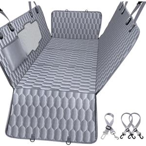 Back Seat Extender for Dogs-Supports 400lb, Waterproof Dog Car Seat Cover Hard Bottom-Detachable, 600D Heavy Duty Scratch Proof Nonslip Soft, Dog Hammock for Car, SUVs-Grey (L Pickup Truck/Cars / Mid-Size SUV)