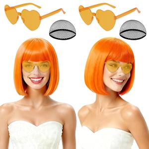2 Pack Orange Short Bob Wig with Bangs for Women, Girls Neon Bobs Colorful Party Wigs with Heart Sunglasses for Nightclubs Theme Christmas Party Cosplay Daily Fun Carnival Halloween Costume