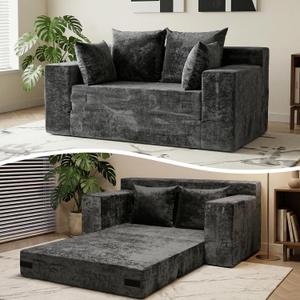 Boneless Loveseat Sleeper Sofa Bed, 3-in-1 Convertible Sofa Bed and Floor Futon Couch (Velvet-Grey, Loveseat (55"))