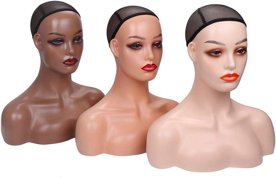 Realistic Female Mannequin Head with Shoulders for Display - Manikin Head with Shoulder for Wig/Jewelry/Makeup/Hat/Sunglass Display (Dark Brown)