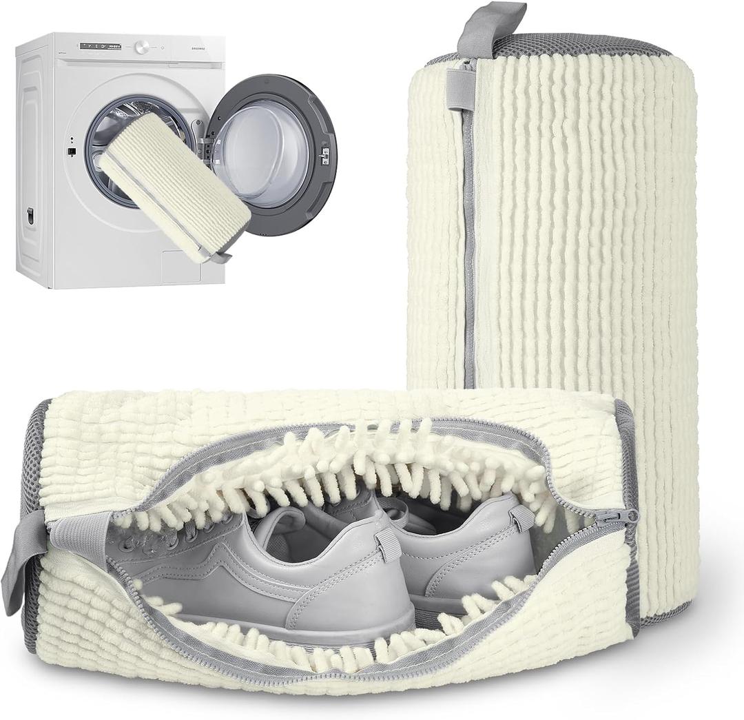 2-Pack Reusable Shoe Washing Machine Bags | 360 Deep Clean, Durable with Shield System & Snag-Proof Zipper for Sneakers, Tennis, Gym Shoes, Cream