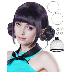 BESTBEL+6 Earrings+Hair Cap Short Dark Purple Wigs with 2 Buns for Women Dark Purple Anime Wigs for Adult Stage Outfits for Women Halloween Party Cosplay
