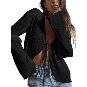 ZAFUL Women's Deep V Neck Tie Front Top Flare Sleeve Plisse Pleated Blouse Shirt Top Y2k Vintage Streetwear, Size M