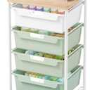 SYKIARIOL Rolling Storage Utility Cart with 5 Drawers, Craft Cart with Wheels, Makeup Organizer, Art Supply and Storage Wooden Tabletop, Green
