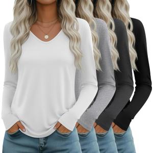 Neer 4 Pack Women's Long Sleeve T Shirts V Neck Tops Casual Loose Fit Tunic Tops Trendy Basic Tees Fall Clothes (Black, Dark Gray, Light Gray, White, XXL)