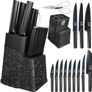XYJ Knife Block Set, Kitchen Knives Set with Holder, Professional Japanese Chef Knife Set with Non-slip Ergonomic Handle, Stainless Steel Paring Slicing Bread Chefs Knives (15 in 1, Black)